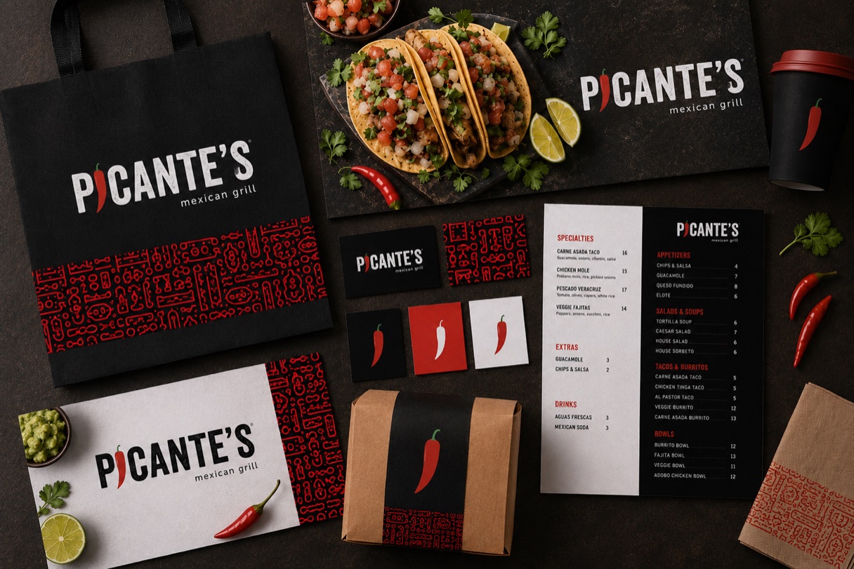 Picante's Mexican Grill branding and visual identity